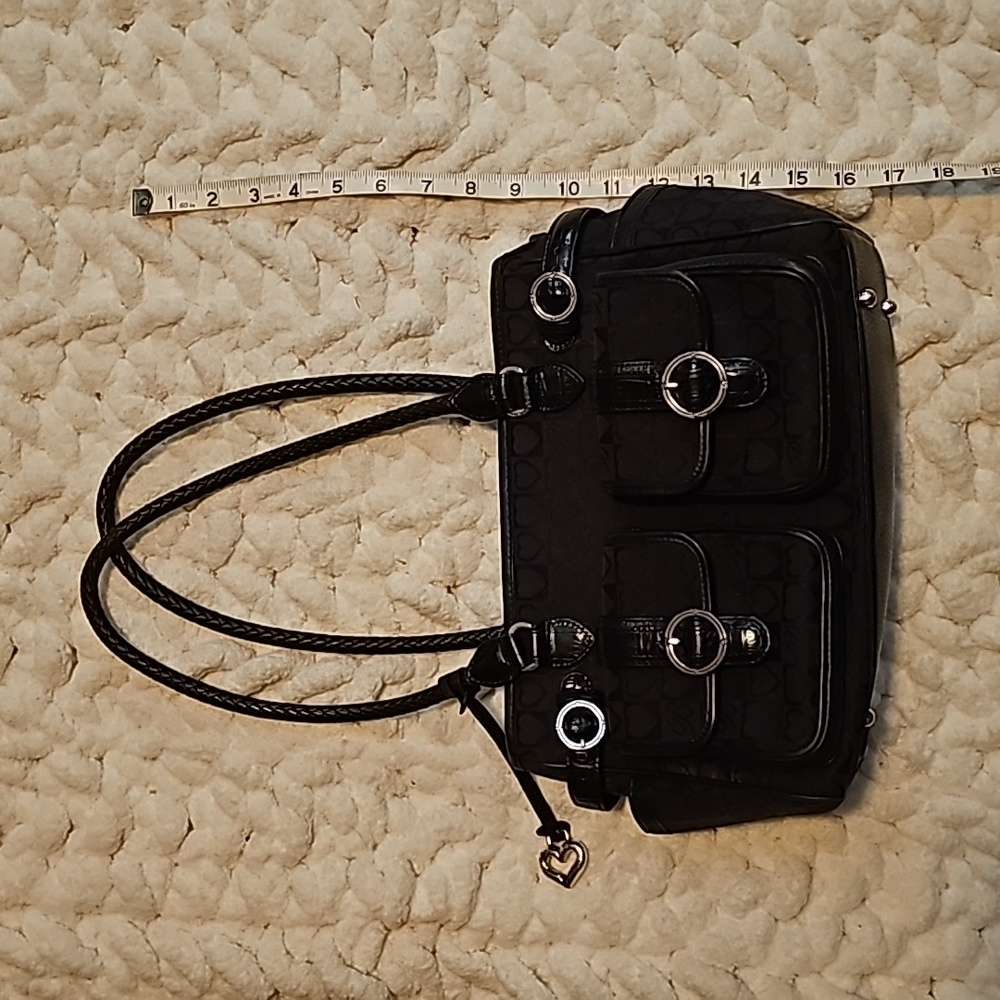 Brighton black bag with silver and leather accents. Heart pattern. EUC.